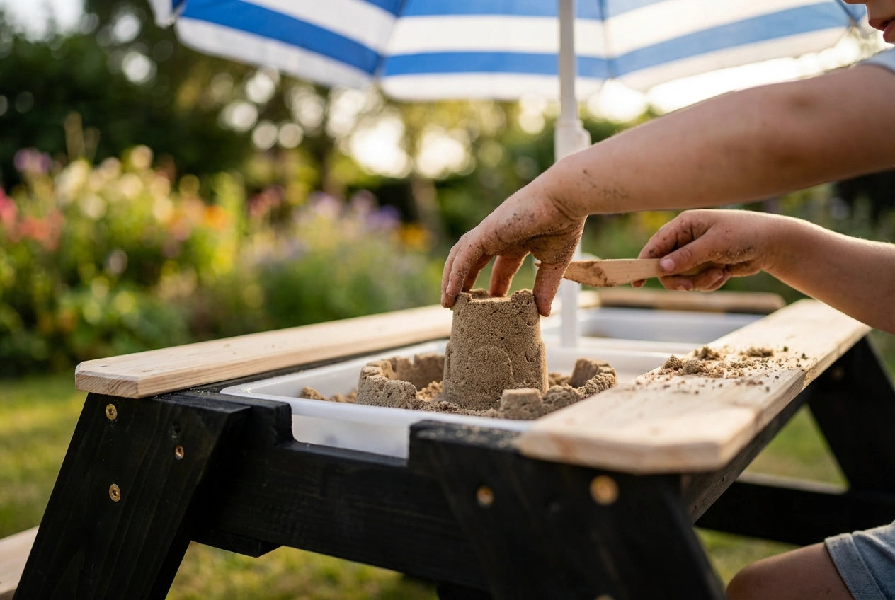 Children building a sandcastle on a small wooden table outdoors under an umbrella.