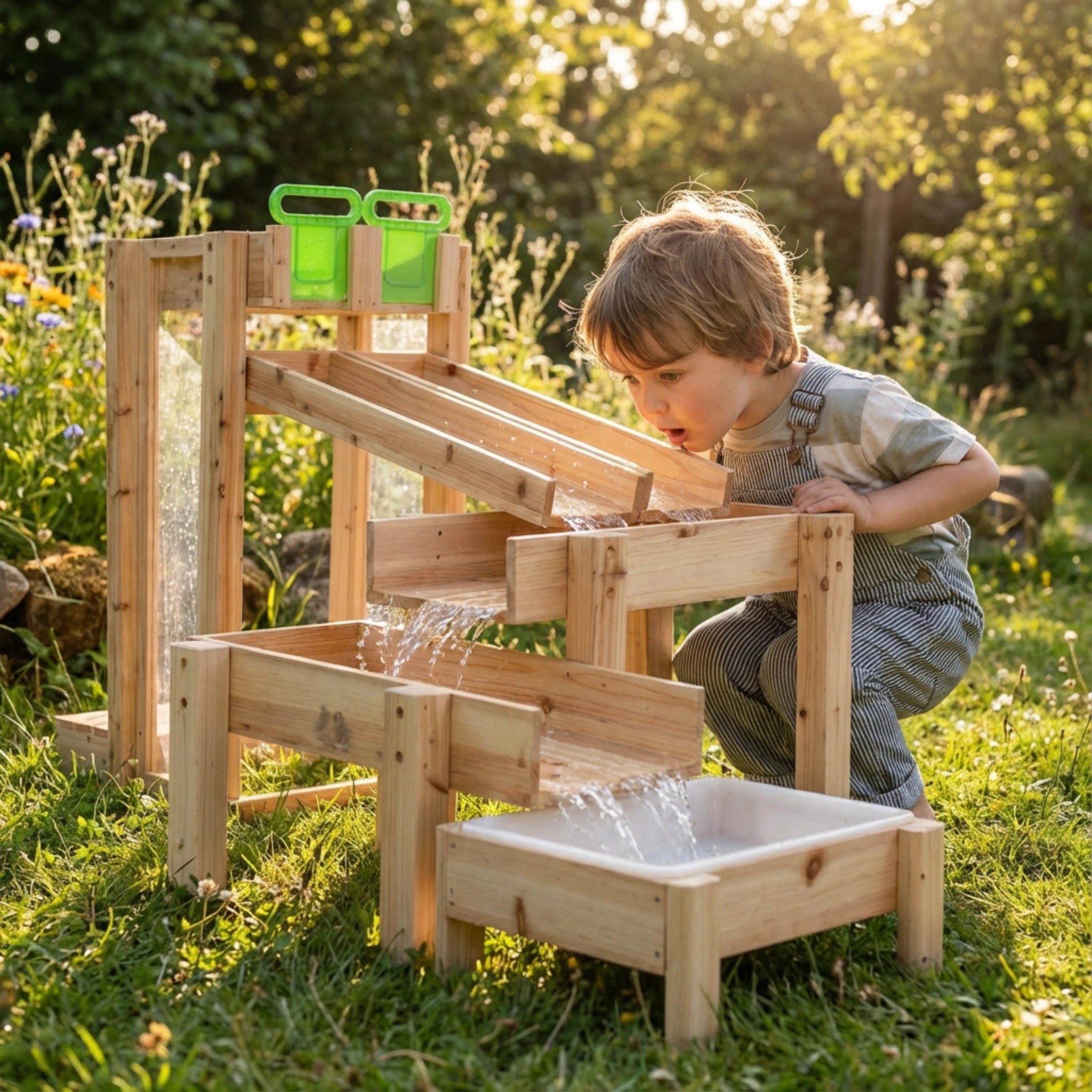 Child playing with a Luckids wooden water Track in a natural outdoor setting
