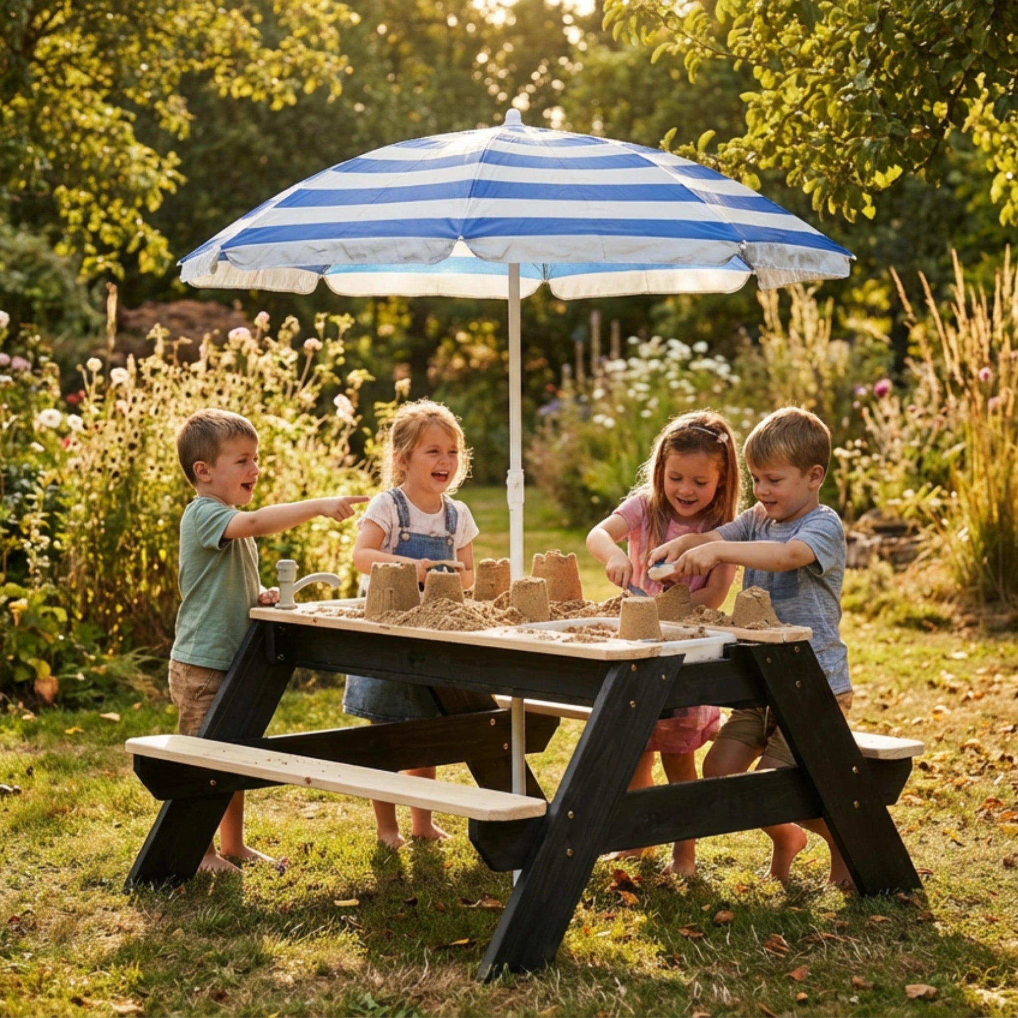 Children playing with sand at a Luckids picnic table under a striped umbrella in a garden.