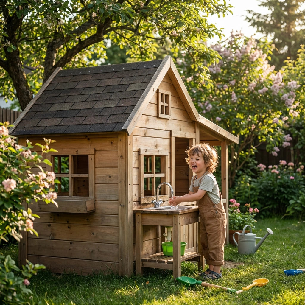 Child playing near a wooden playhouse in a garden